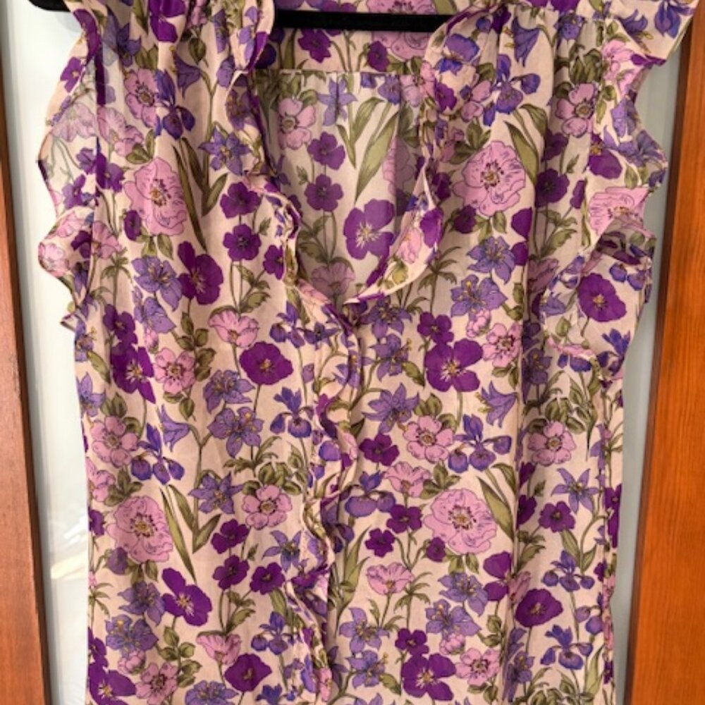 Cabi Trifle Floral Print Ruffle V-neck sleeveless sheer blouse, S, NWOT-never wo